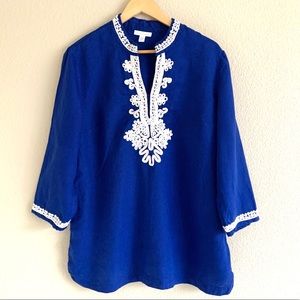 Charter Club Royal Blue Tunic with White Embroidery